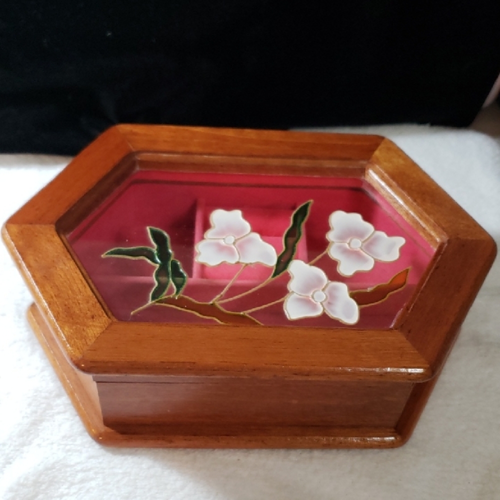 Hexagonal Wooden Jewelry Box with Floral Design